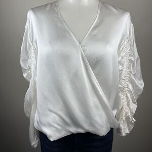 Allsaints Preslie Silk Size 4 Blouse Chalk White Ruched Statement Sleeves